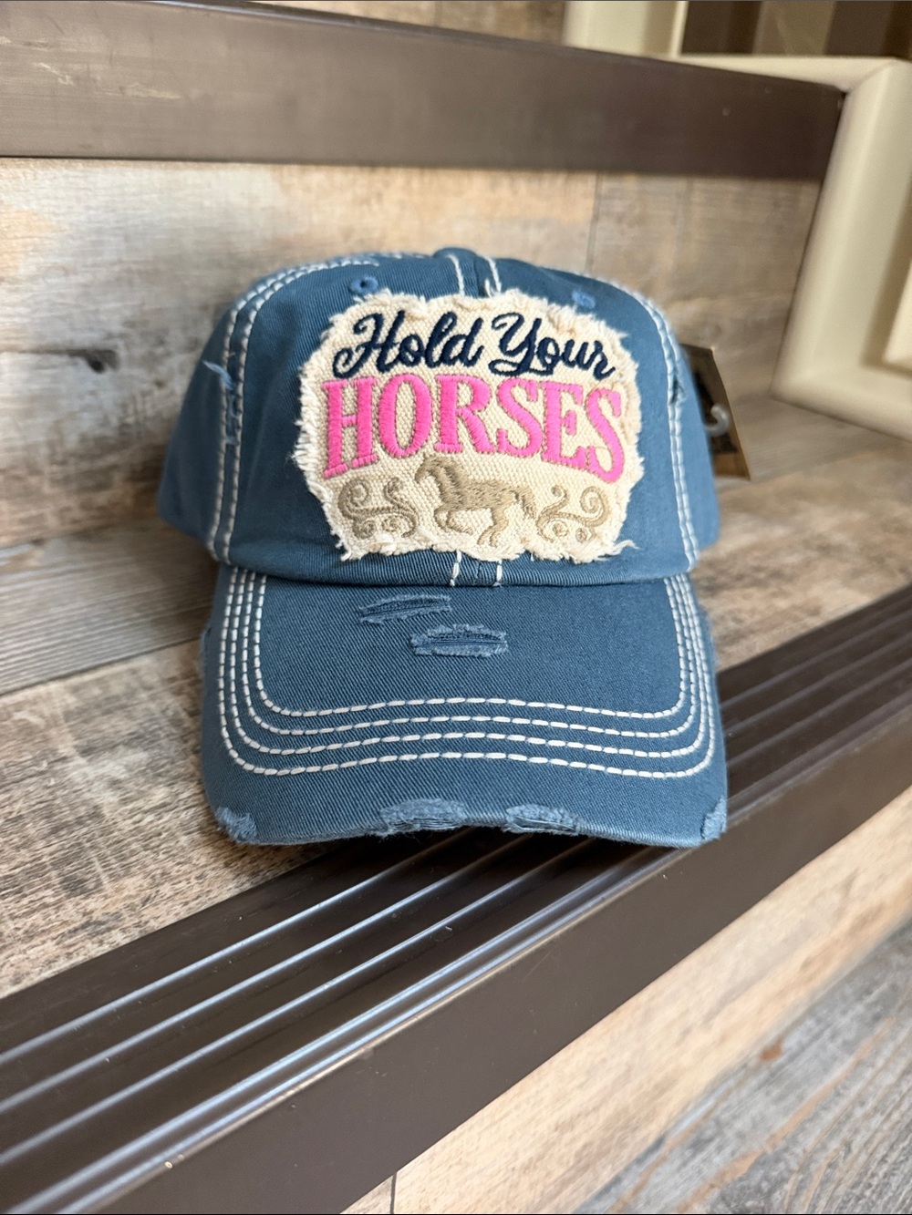 NWT KBETHOS WOMENS VINTAGE Blue Cap with HOLD YOUR HORSE, rodeo cap